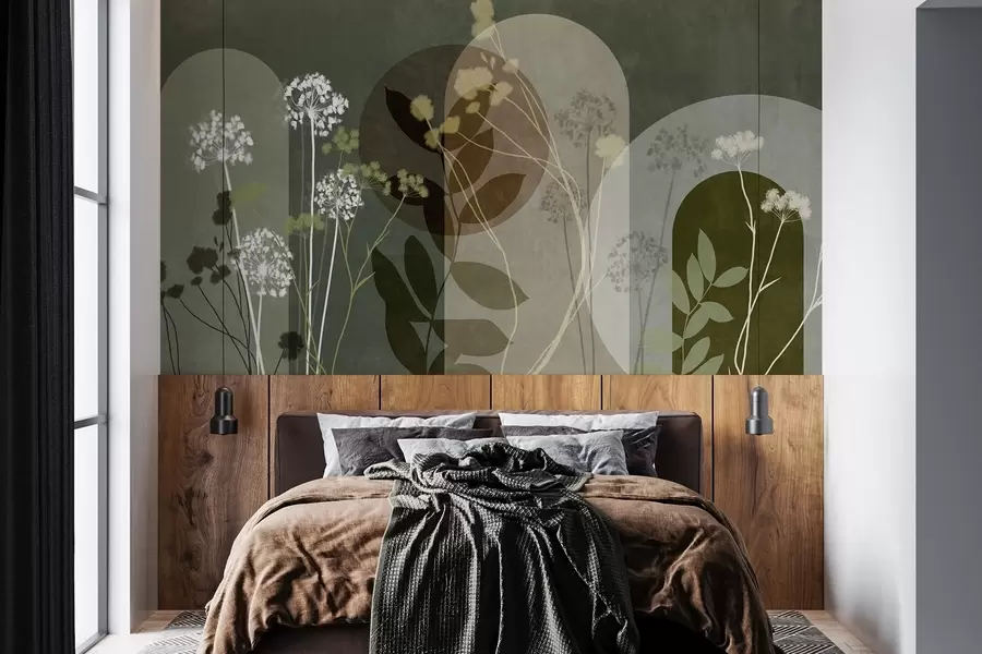 wall murals Ботаничка и минималистичка композиција сушеног цвећа и лишћа са апстрактном геометријом w09906v2