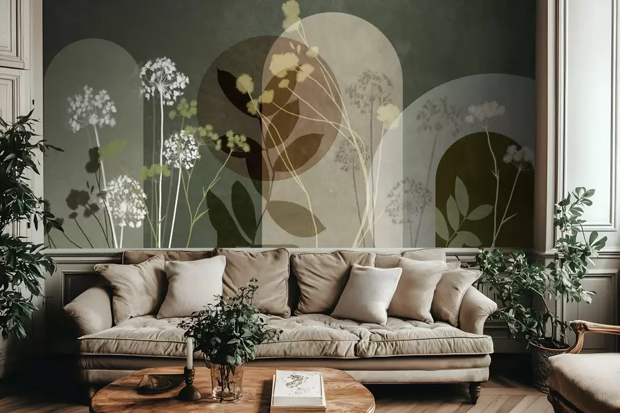 wall murals Ботаничка и минималистичка композиција сушеног цвећа и лишћа са апстрактном геометријом w09906v2