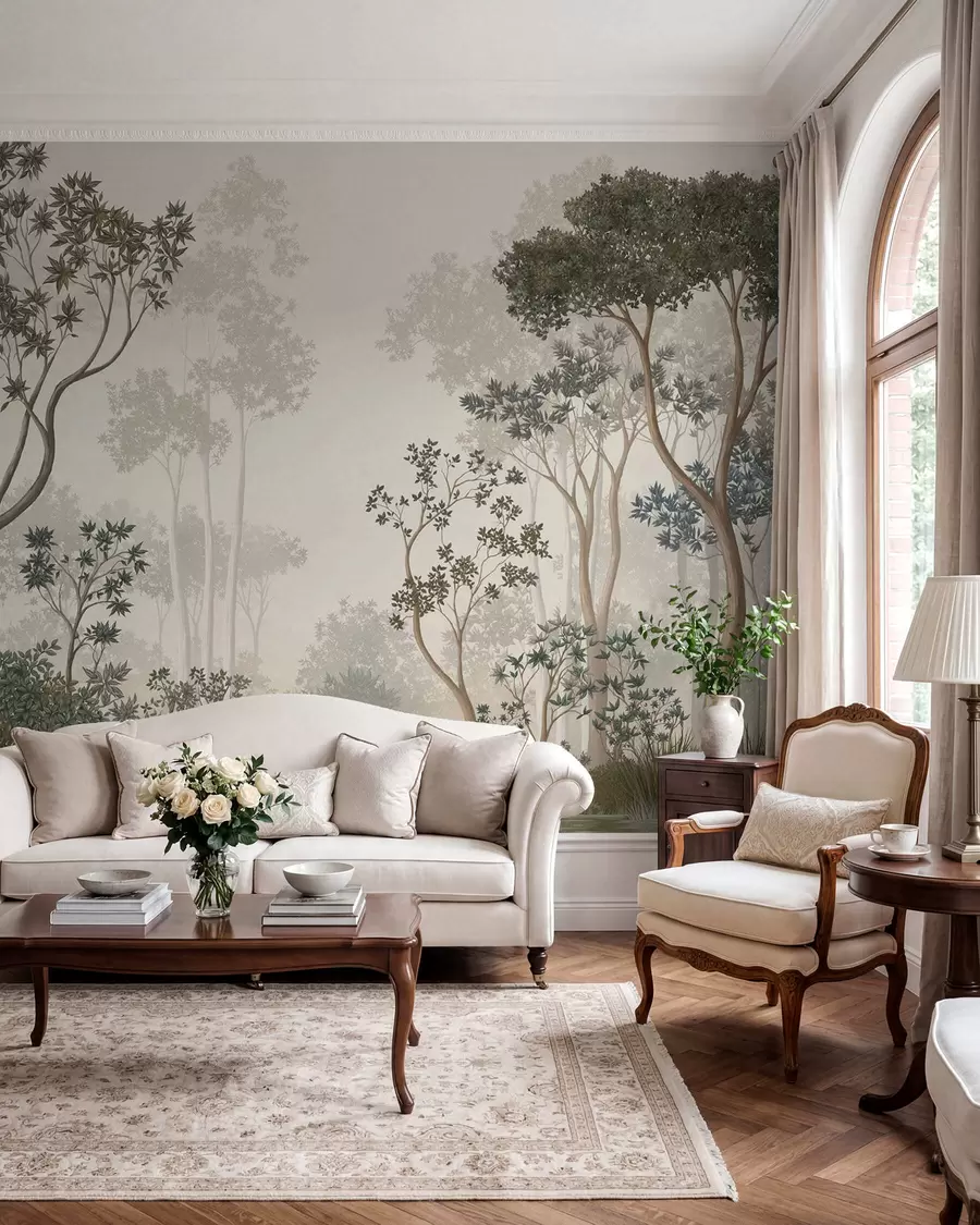 wall murals Магловита шума са дрвећем и мирним воденим путем w05700