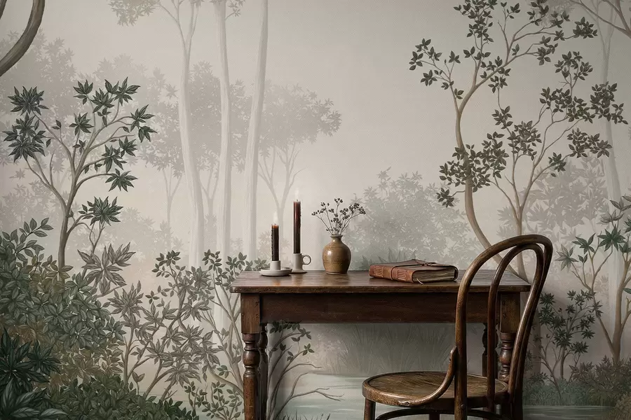 wall murals Магловита шума са дрвећем и мирним воденим путем w05700