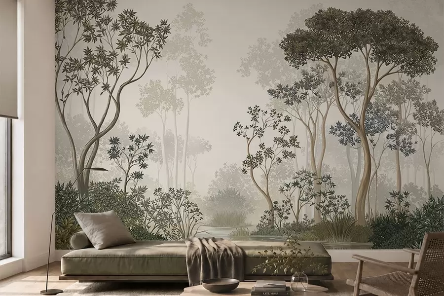 wall murals Магловита шума са дрвећем и мирним воденим путем w05700