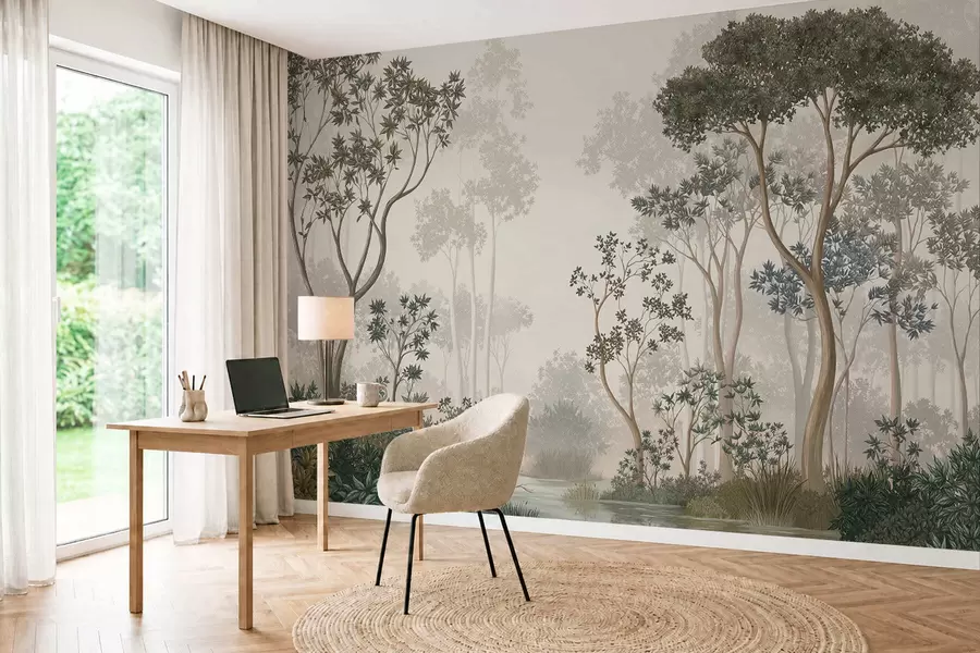 wall murals Магловита шума са дрвећем и мирним воденим путем w05700