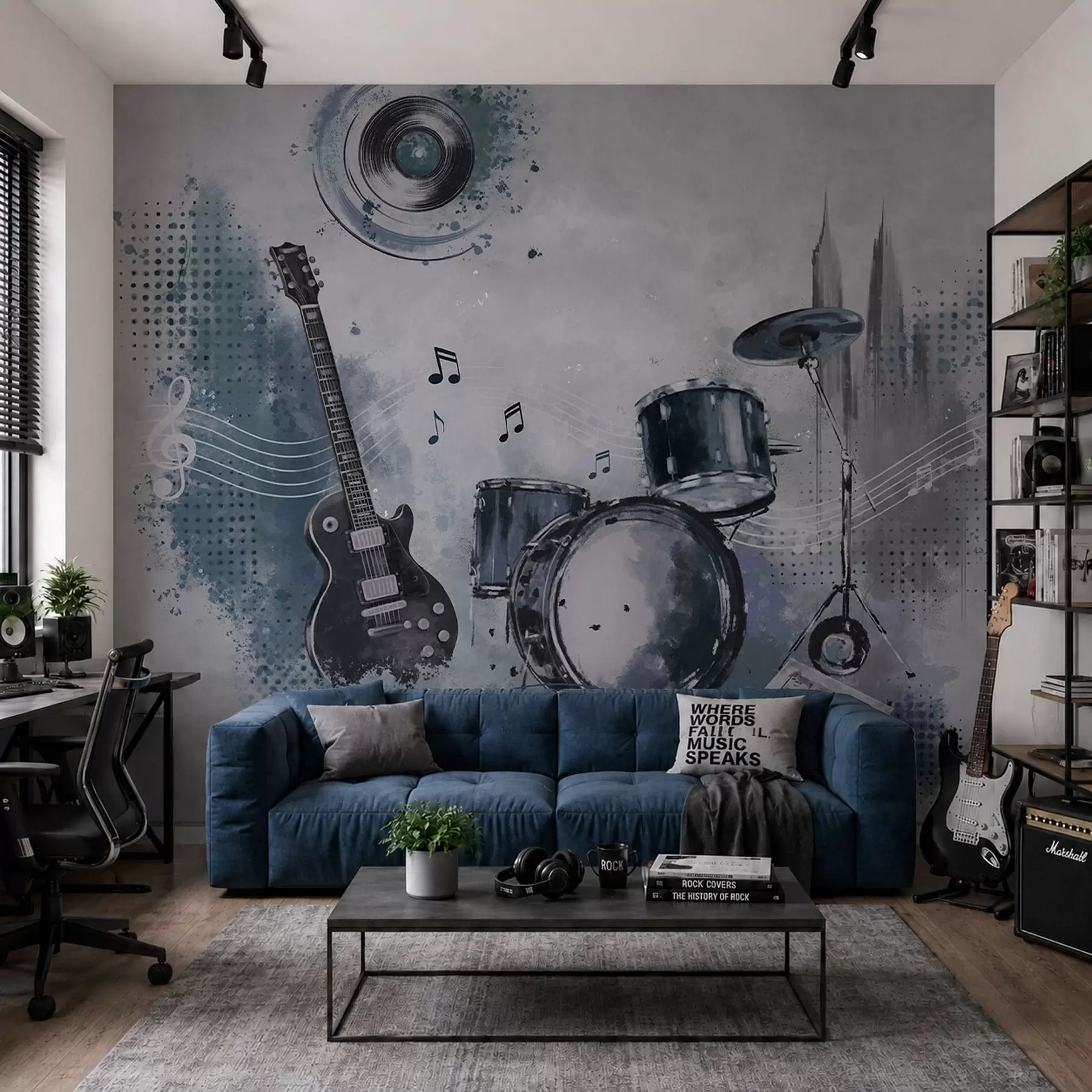 wall murals Гитара и бубњеви са музичким нотама w05546