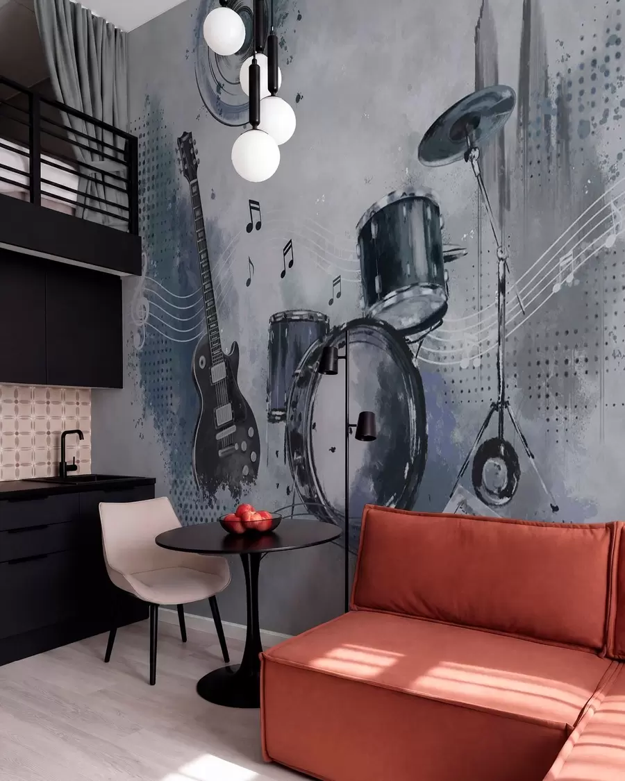 wall murals Гитара и бубњеви са музичким нотама w05546