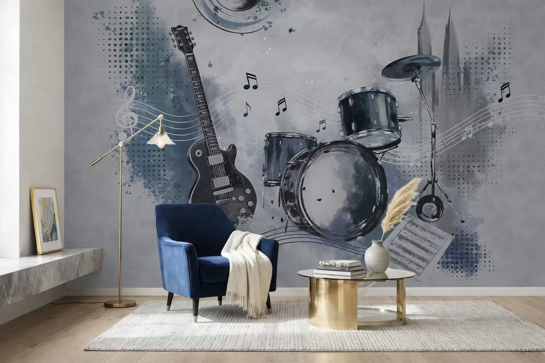 wall murals Гитара и бубњеви са музичким нотама w05546