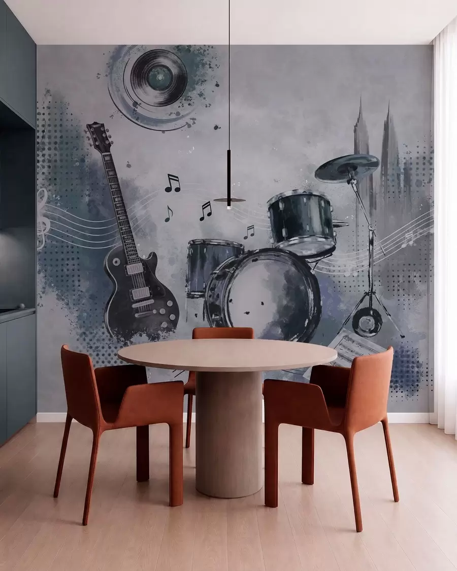 wall murals Гитара и бубњеви са музичким нотама w05546