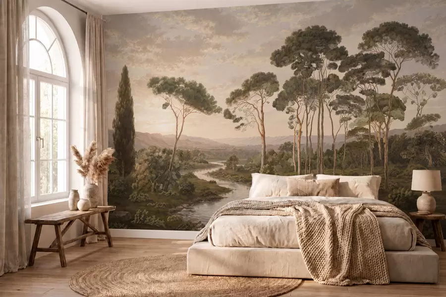 wall murals Пејзаж са реком, дрвећем и удаљеним брдима w05696