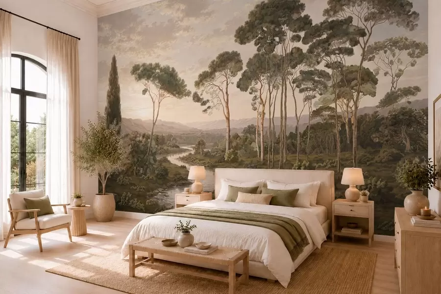 wall murals Пејзаж са реком, дрвећем и удаљеним брдима w05696