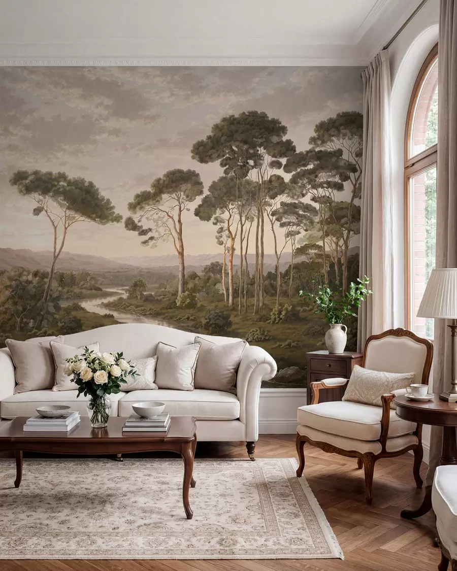 wall murals Пејзаж са реком, дрвећем и удаљеним брдима w05696