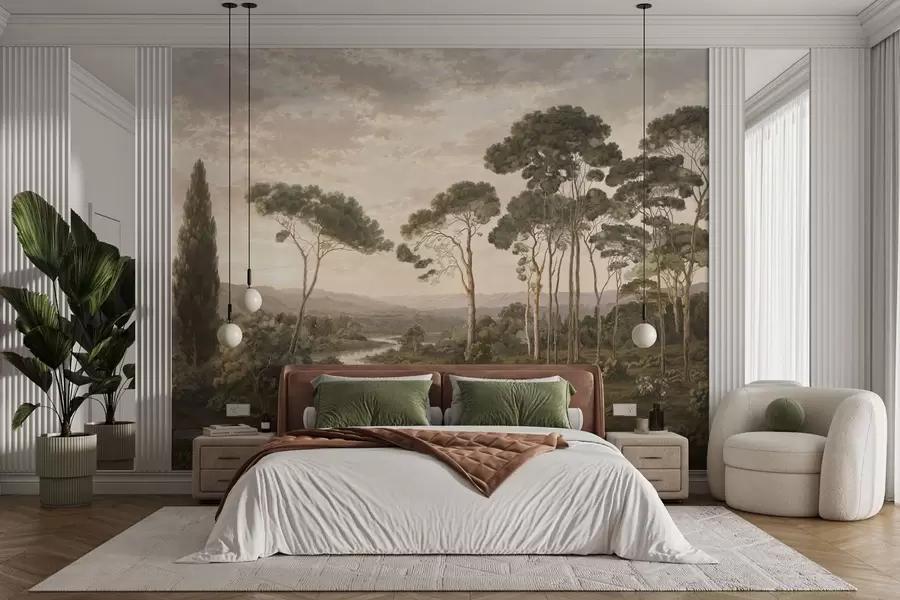 wall murals Пејзаж са реком, дрвећем и удаљеним брдима w05696