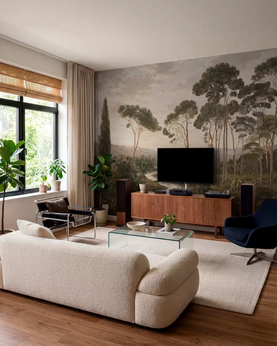 wall murals Пејзаж са реком, дрвећем и удаљеним брдима w05696