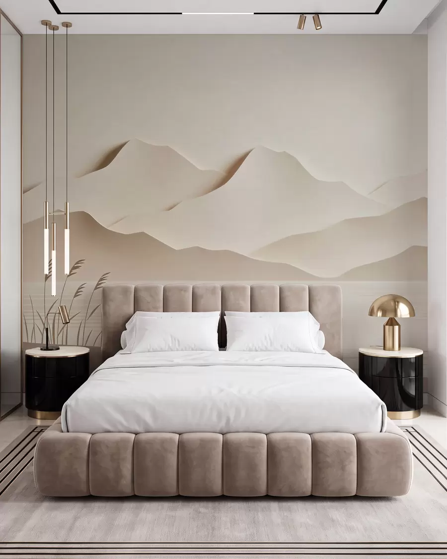 wall murals Слојевити планински пејзаж изнад мирног језера у топлој беж палети w09876