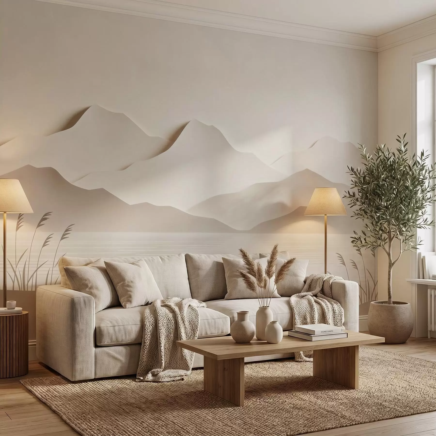 wall murals Слојевити планински пејзаж изнад мирног језера у топлој беж палети w09876