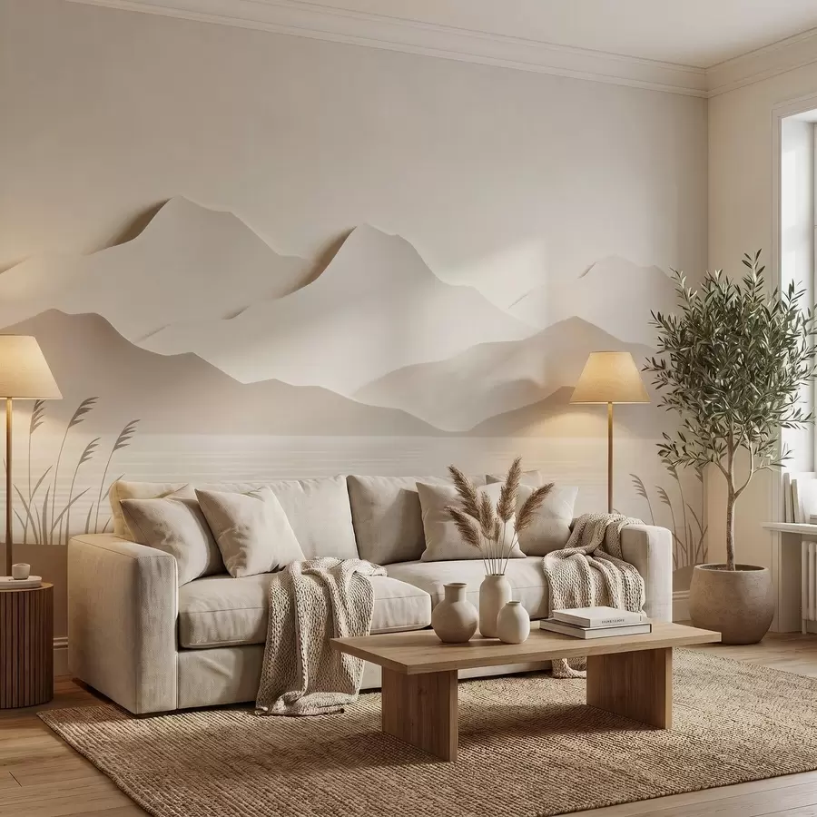 wall murals Слојевити планински пејзаж изнад мирног језера у топлој беж палети w09876
