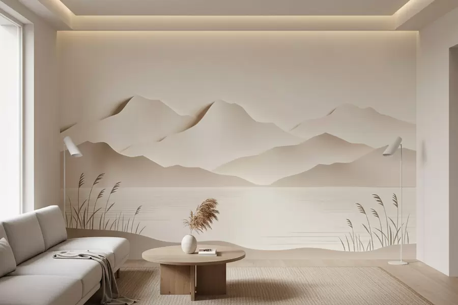wall murals Слојевити планински пејзаж изнад мирног језера у топлој беж палети w09876