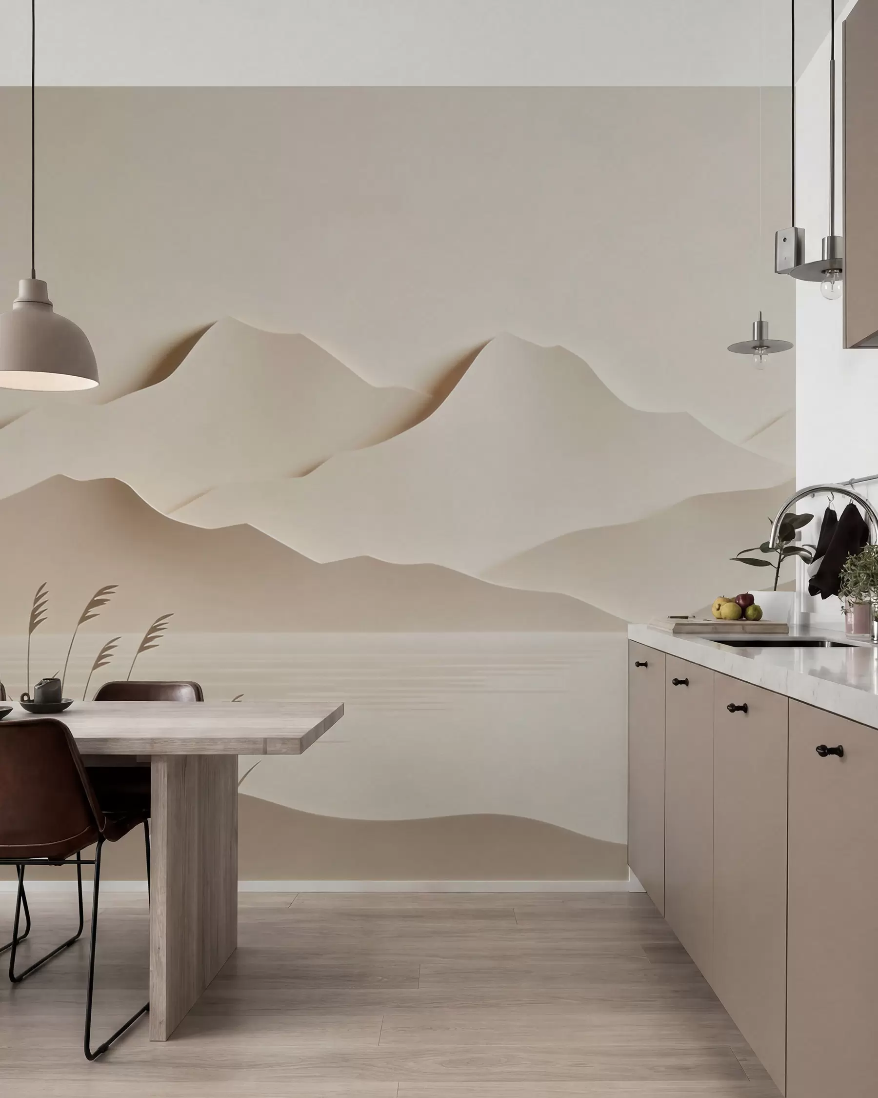 wall murals Слојевити планински пејзаж изнад мирног језера у топлој беж палети w09876