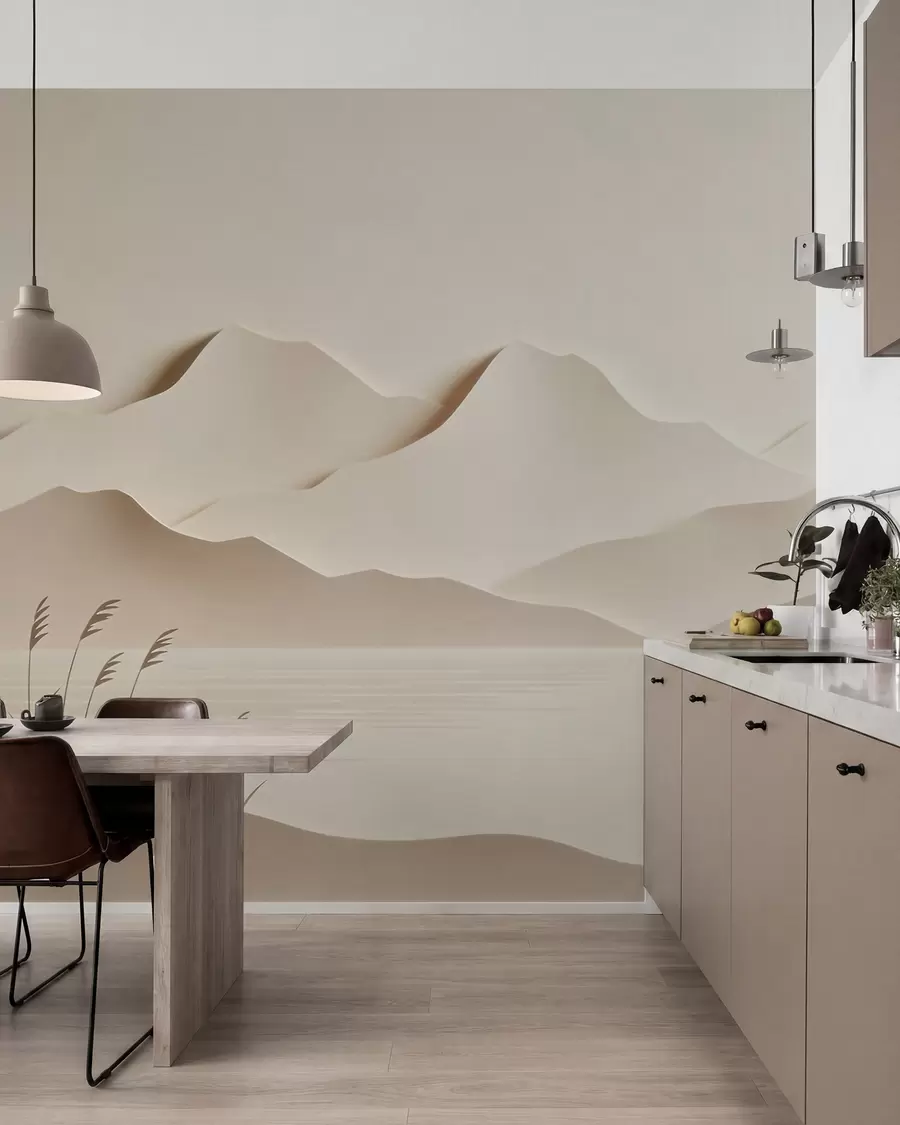 wall murals Слојевити планински пејзаж изнад мирног језера у топлој беж палети w09876