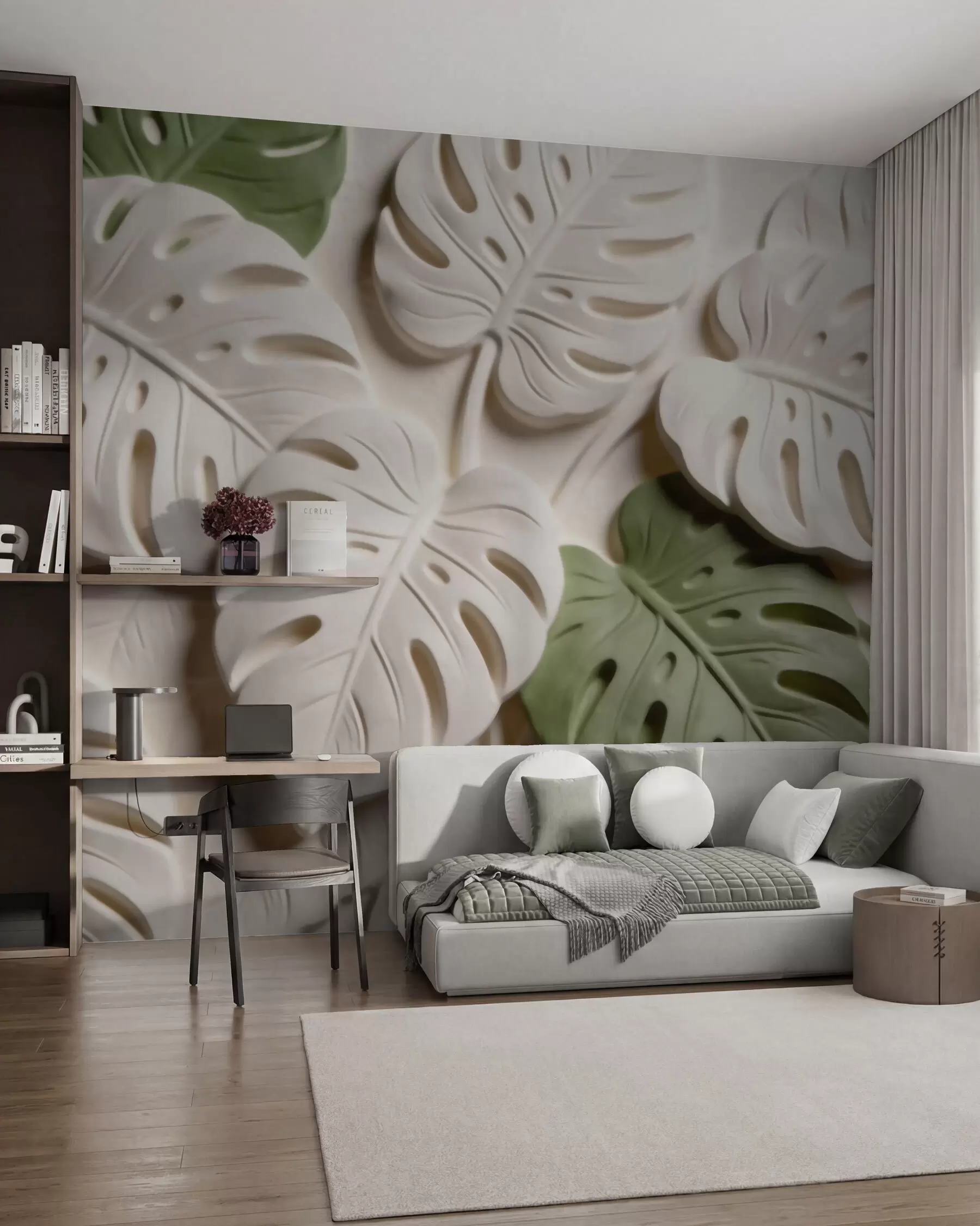 wall murals Рељефни ботанички листови монстере у крем и зеленим тоновима w09883