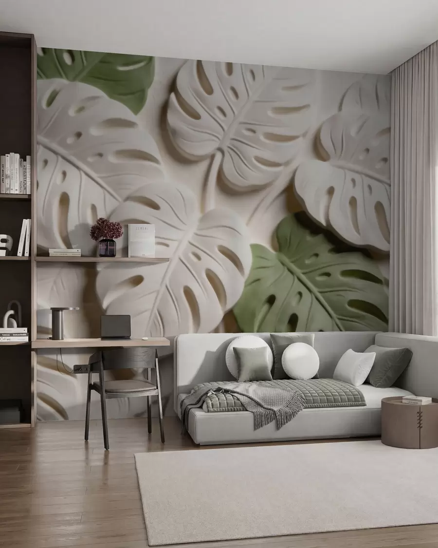 wall murals Рељефни ботанички листови монстере у крем и зеленим тоновима w09883