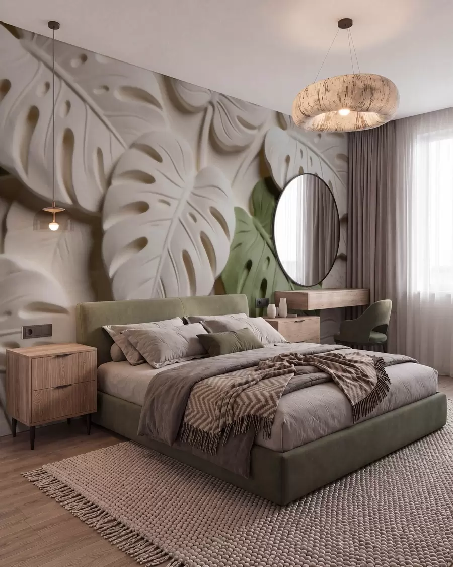 wall murals Рељефни ботанички листови монстере у крем и зеленим тоновима w09883