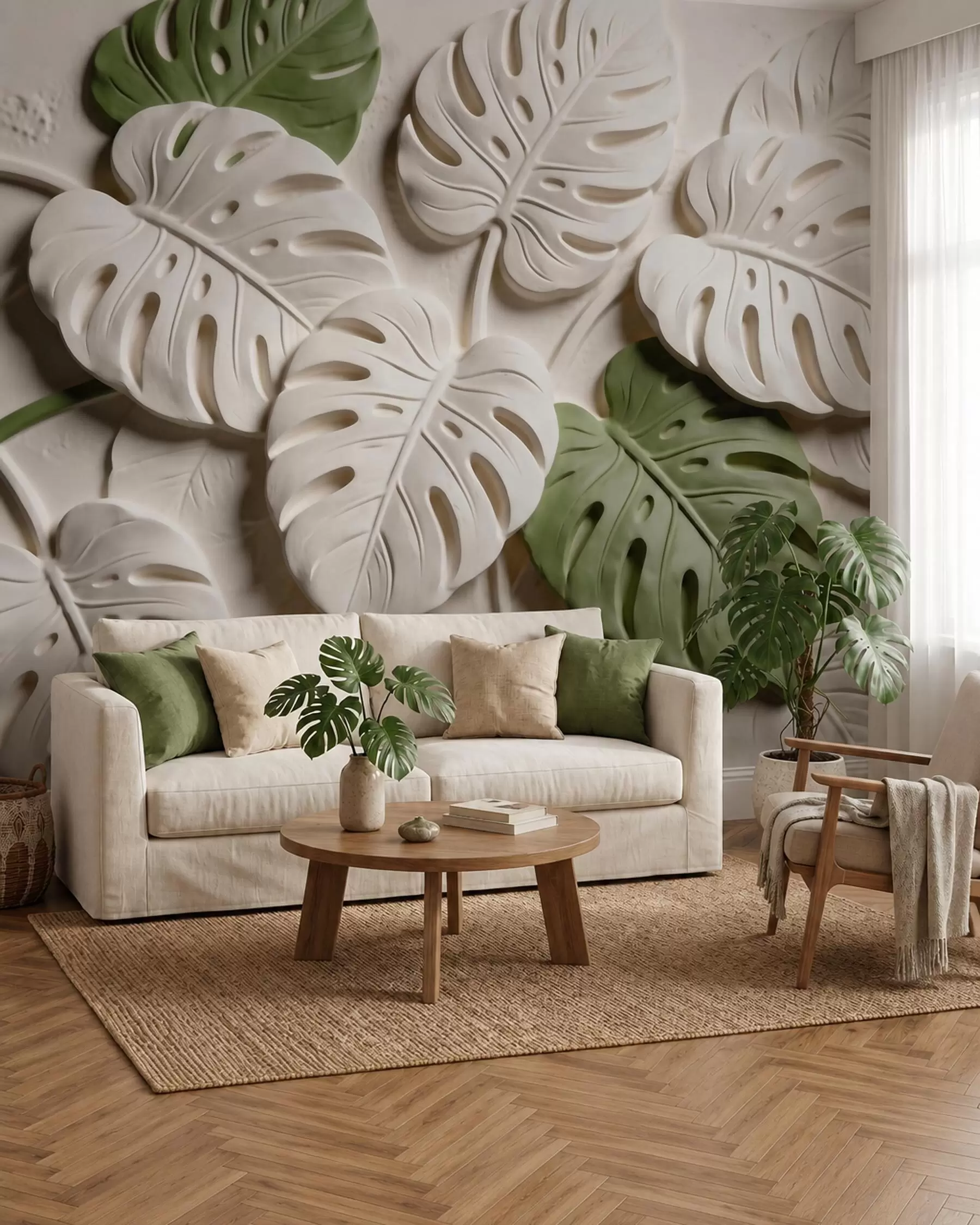 wall murals Рељефни ботанички листови монстере у крем и зеленим тоновима w09883