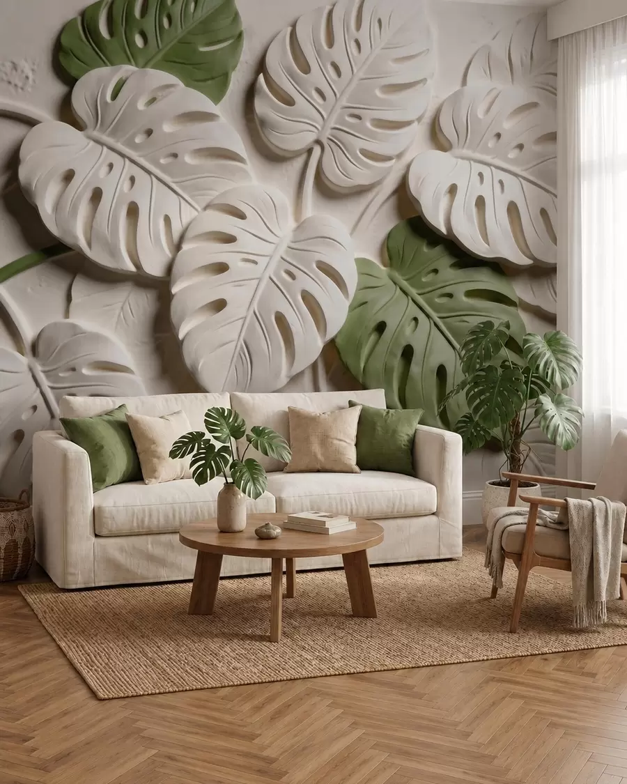 wall murals Рељефни ботанички листови монстере у крем и зеленим тоновима w09883