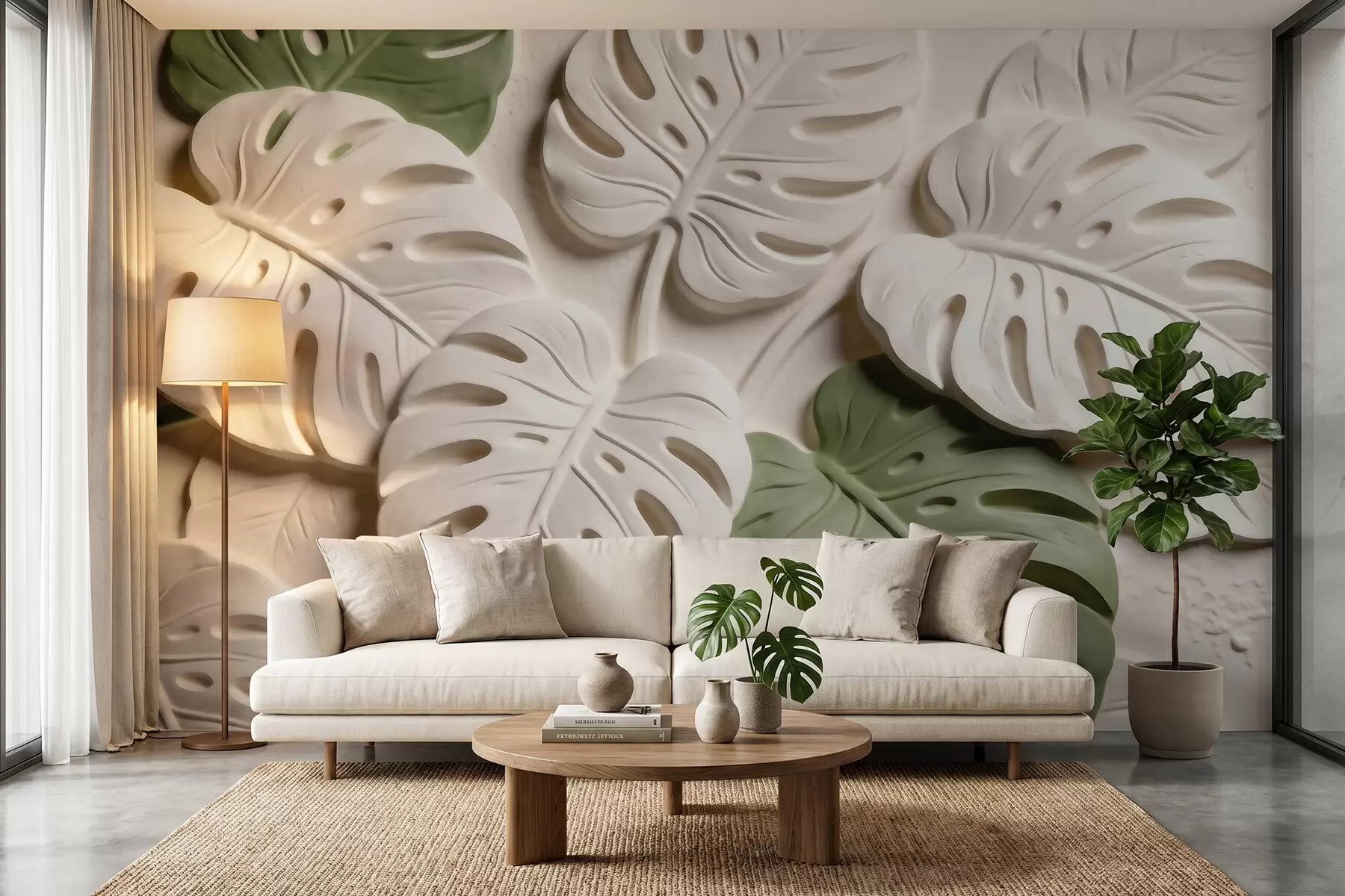 wall murals Рељефни ботанички листови монстере у крем и зеленим тоновима w09883
