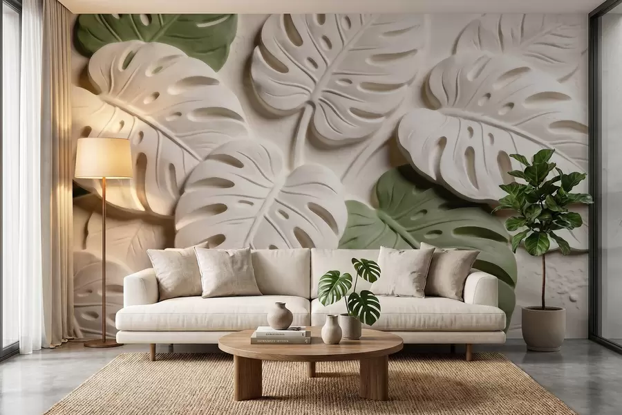 wall murals Рељефни ботанички листови монстере у крем и зеленим тоновима w09883