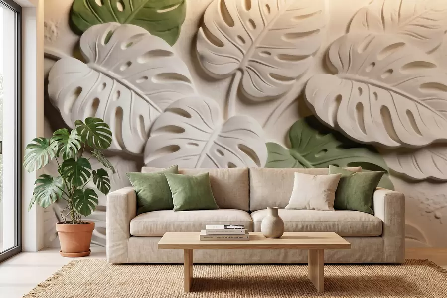 wall murals Рељефни ботанички листови монстере у крем и зеленим тоновима w09883