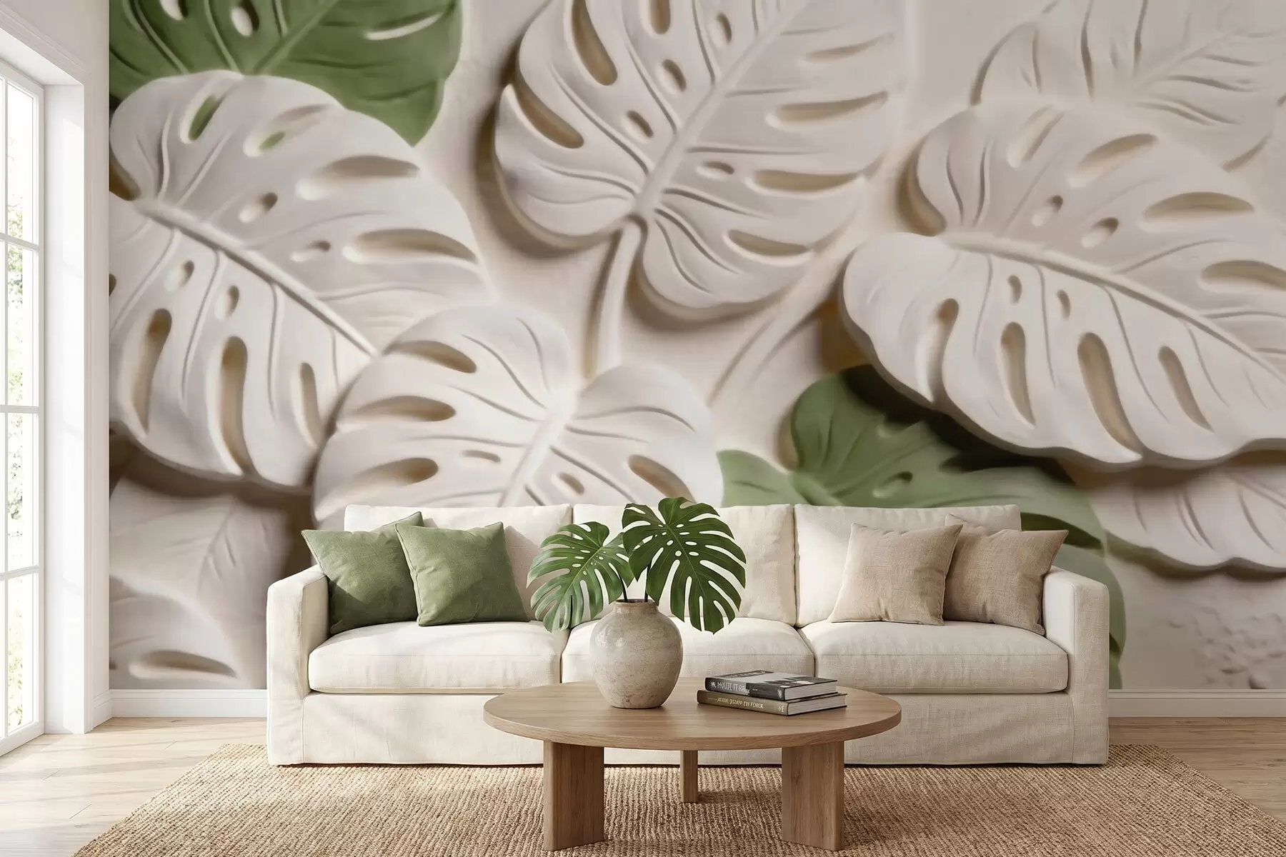 wall murals Рељефни ботанички листови монстере у крем и зеленим тоновима w09883