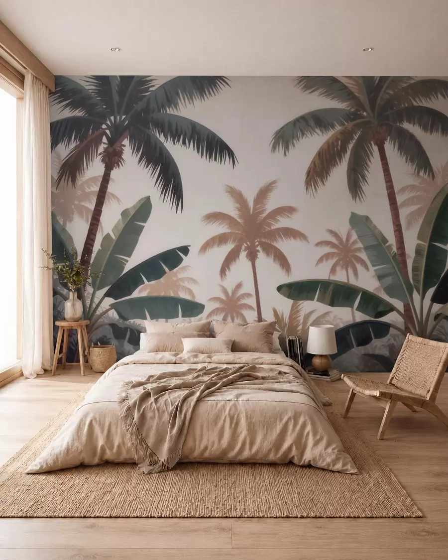 wall murals Тропске палме у мекој винтаге палети са магловитом јутарњом атмосфером w09884