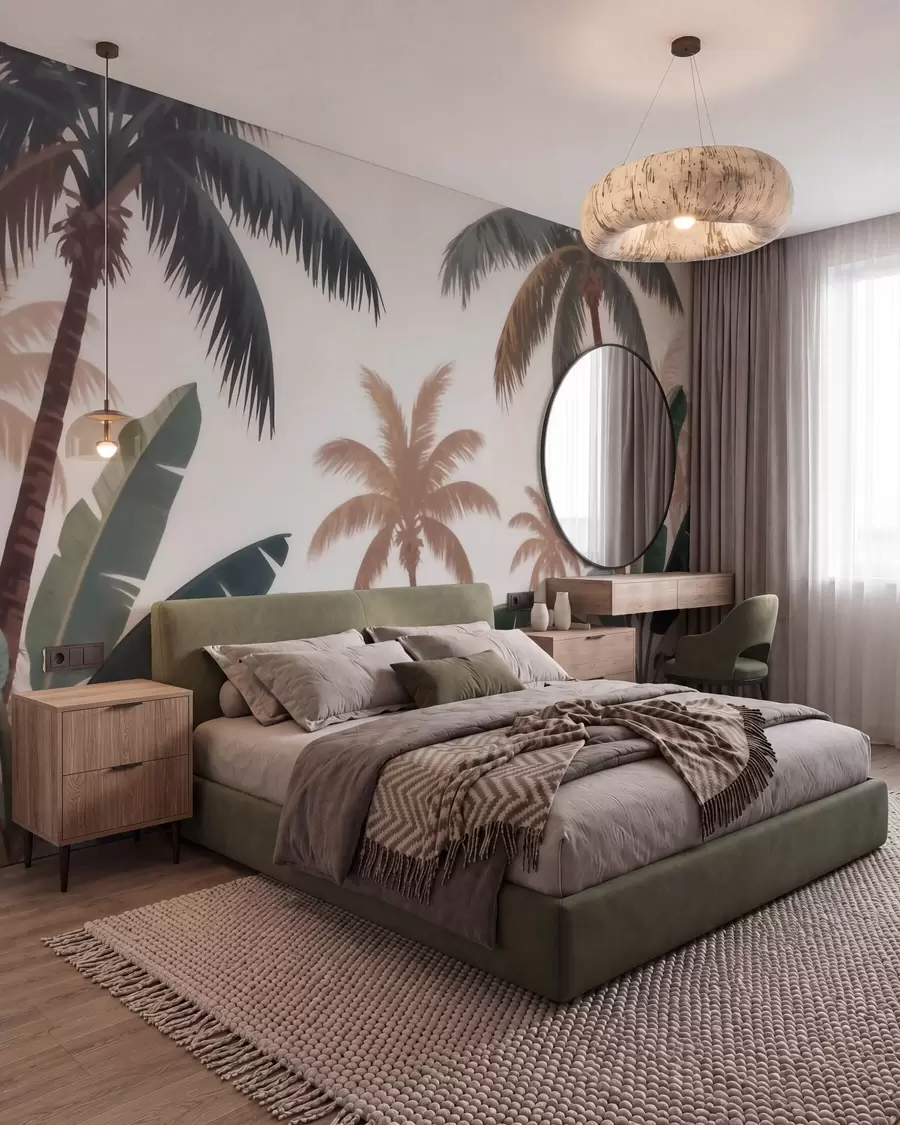 wall murals Тропске палме у мекој винтаге палети са магловитом јутарњом атмосфером w09884