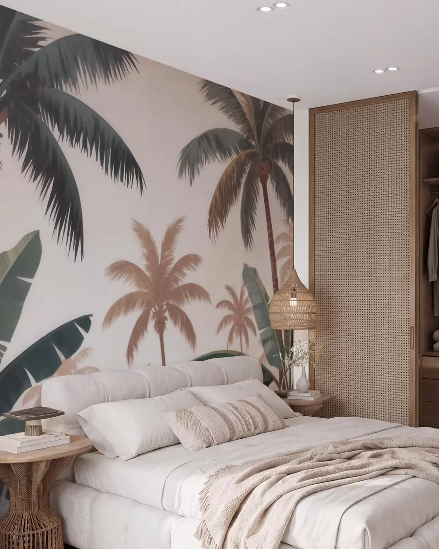 wall murals Тропске палме у мекој винтаге палети са магловитом јутарњом атмосфером w09884