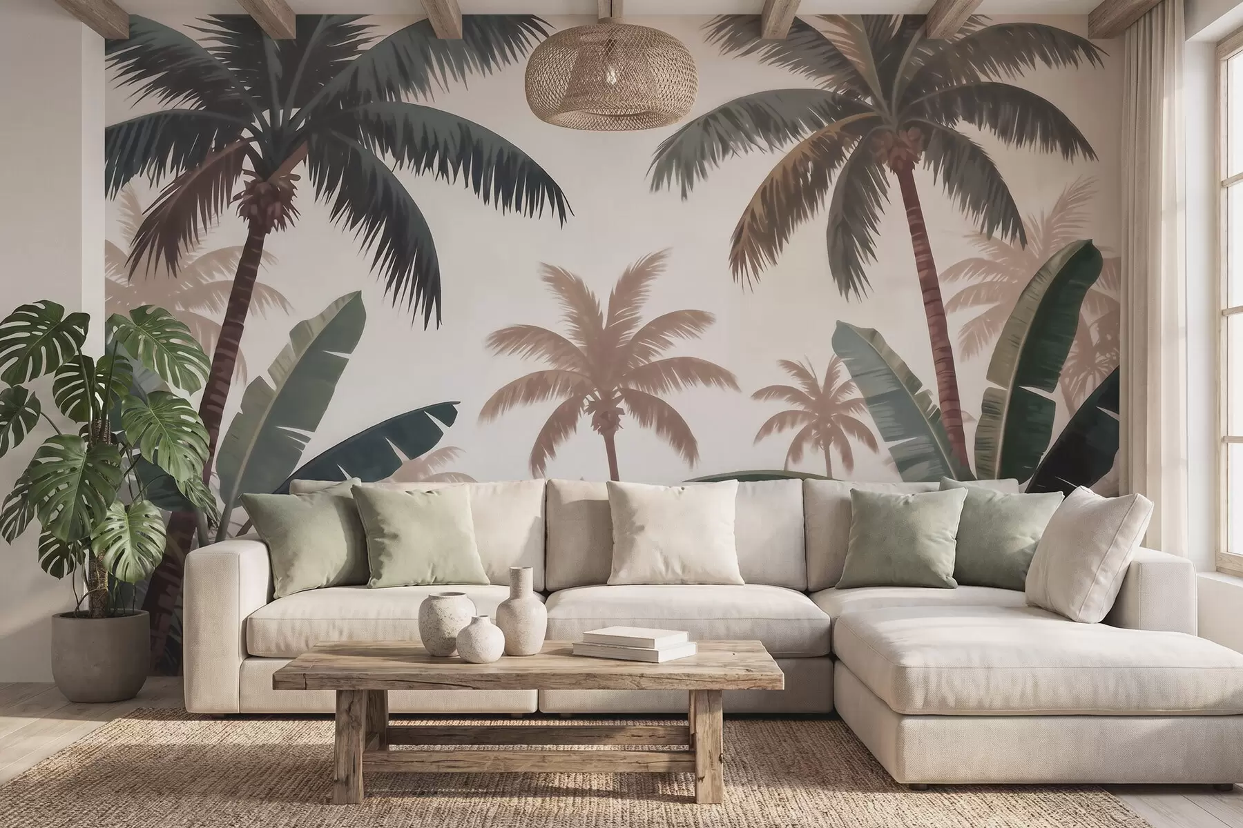 wall murals Тропске палме у мекој винтаге палети са магловитом јутарњом атмосфером w09884