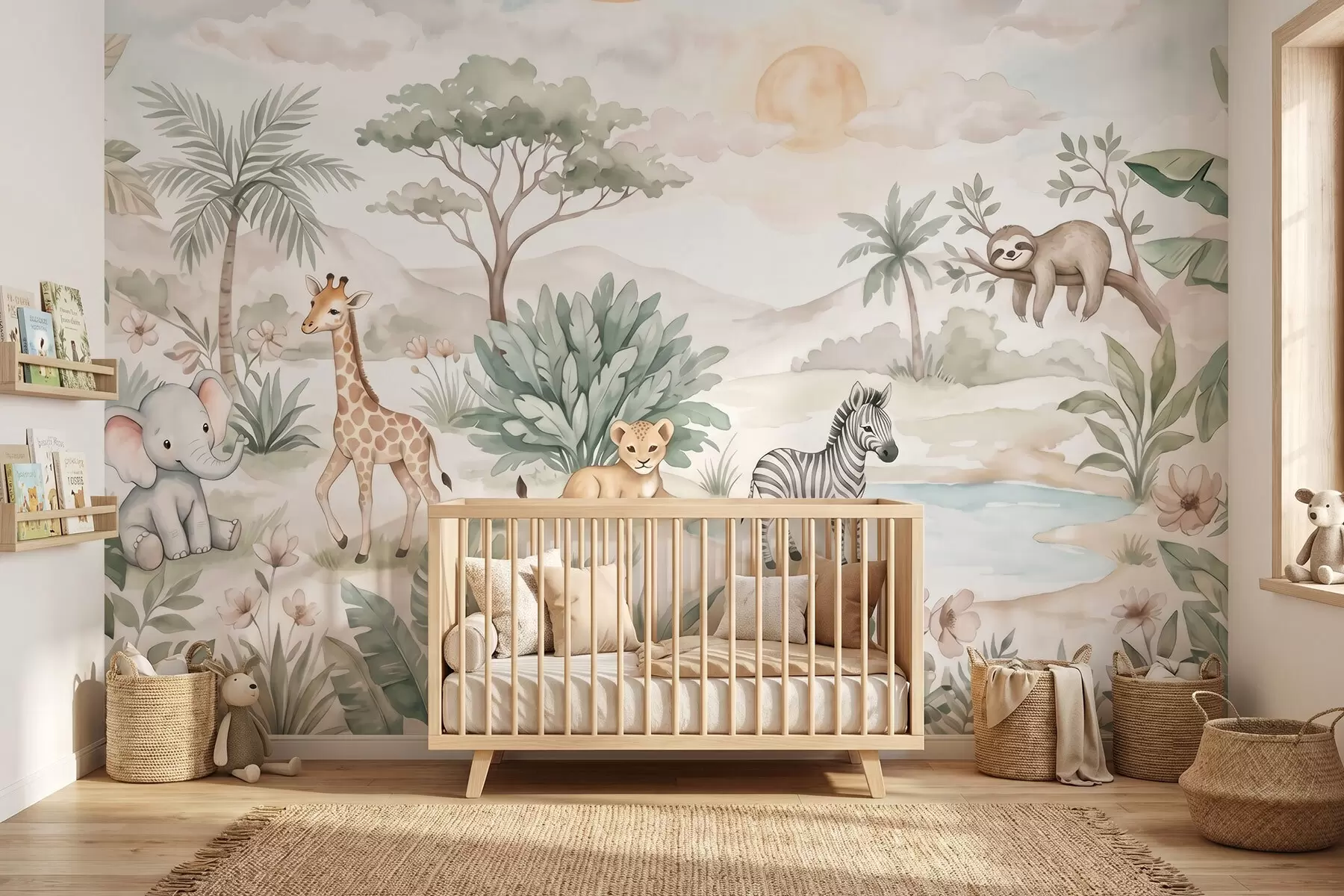 wall murals Акварелни сафари призор са животињама у нежним пастелним тоновима, укључујући жирафу, слонића, зебру и младунче лава w09888