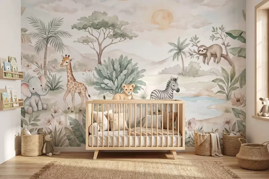 wall murals Акварелни сафари призор са животињама у нежним пастелним тоновима, укључујући жирафу, слонића, зебру и младунче лава w09888