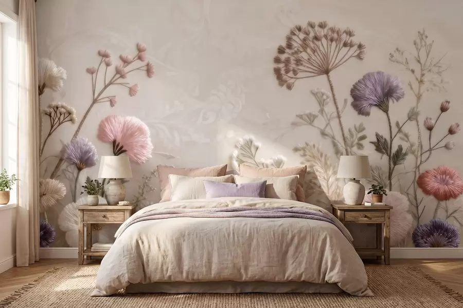 wall murals Тродимензионално дивље цвеће са ефектом ручно израђеног везења у пастелној палети w09874