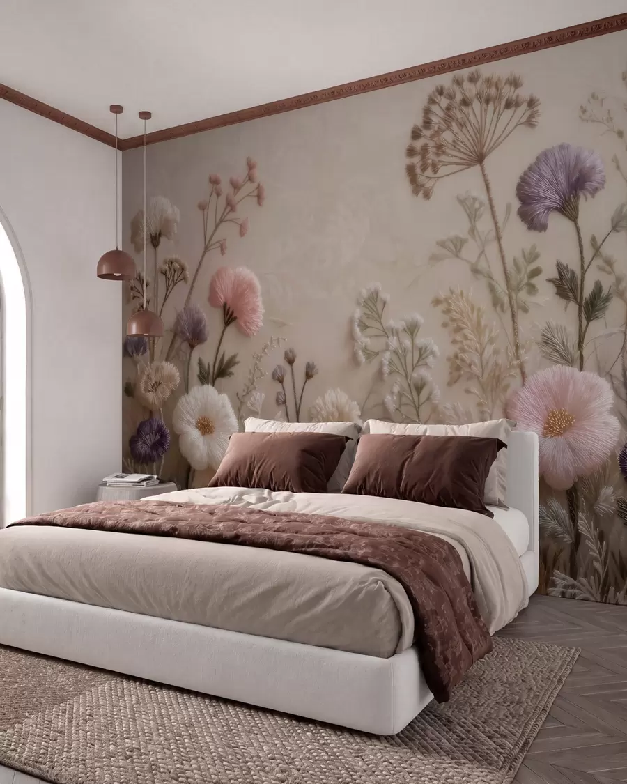 wall murals Тродимензионално дивље цвеће са ефектом ручно израђеног везења у пастелној палети w09874