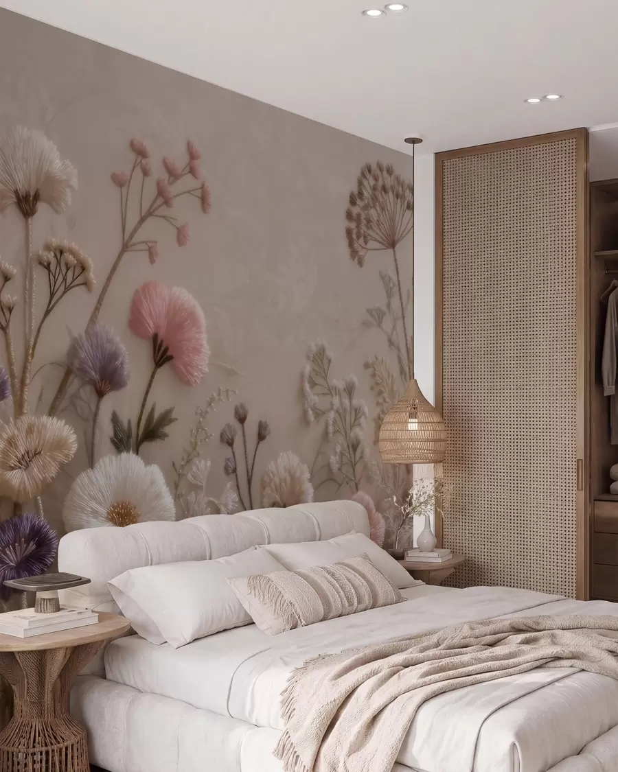 wall murals Тродимензионално дивље цвеће са ефектом ручно израђеног везења у пастелној палети w09874