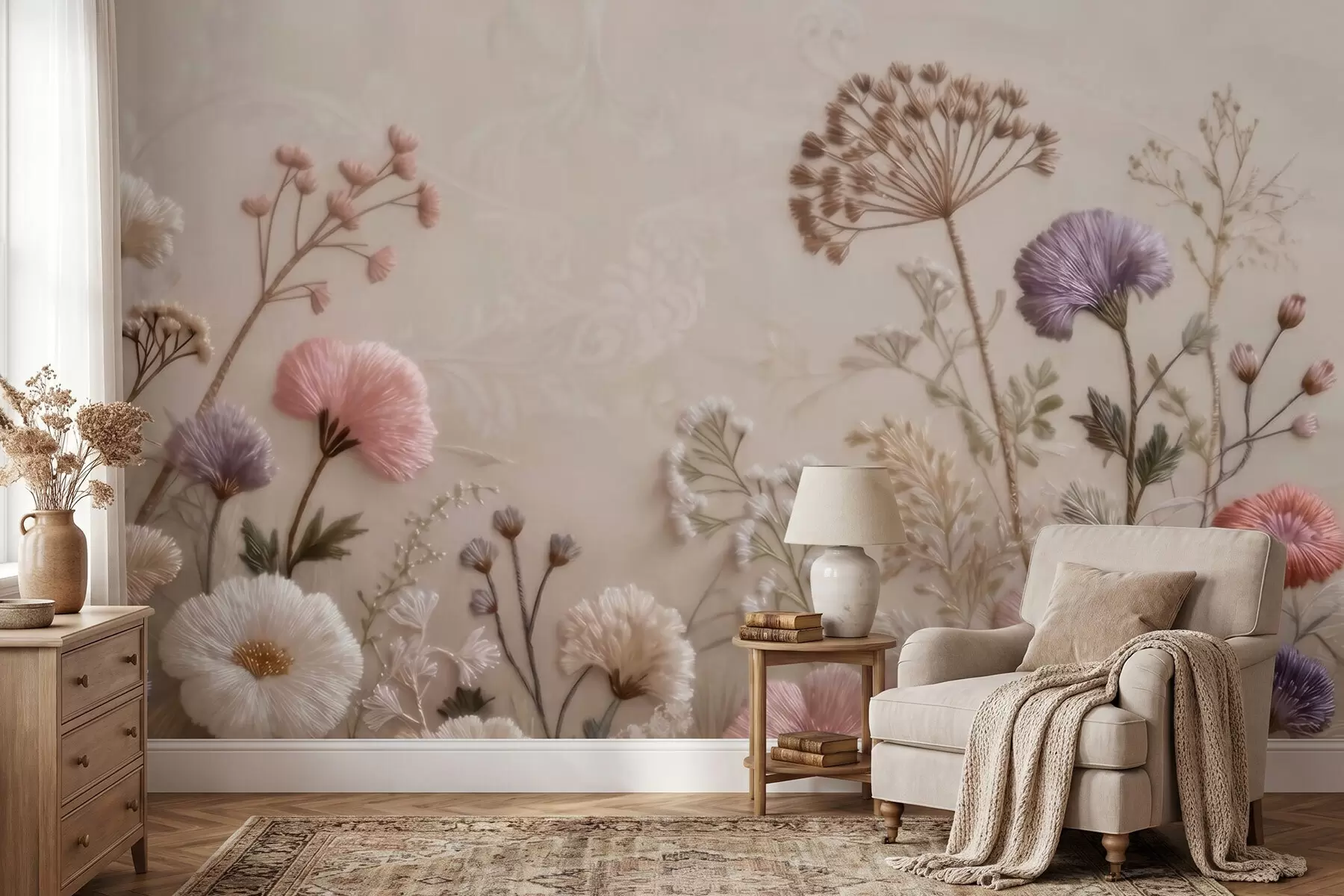 wall murals Тродимензионално дивље цвеће са ефектом ручно израђеног везења у пастелној палети w09874