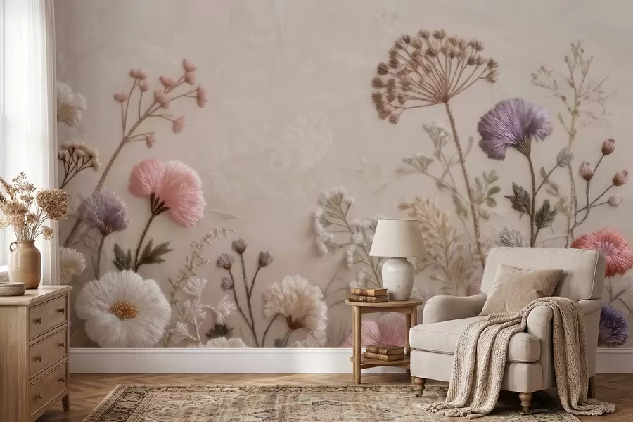 wall murals Тродимензионално дивље цвеће са ефектом ручно израђеног везења у пастелној палети w09874