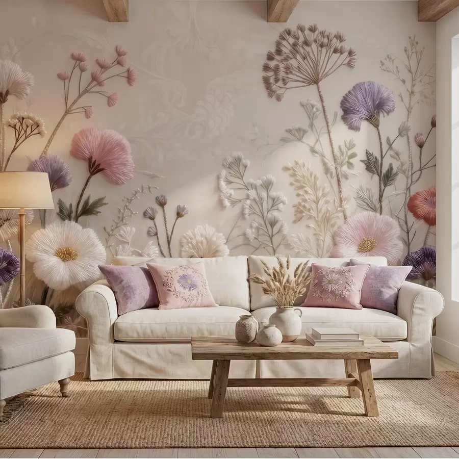 wall murals Тродимензионално дивље цвеће са ефектом ручно израђеног везења у пастелној палети w09874
