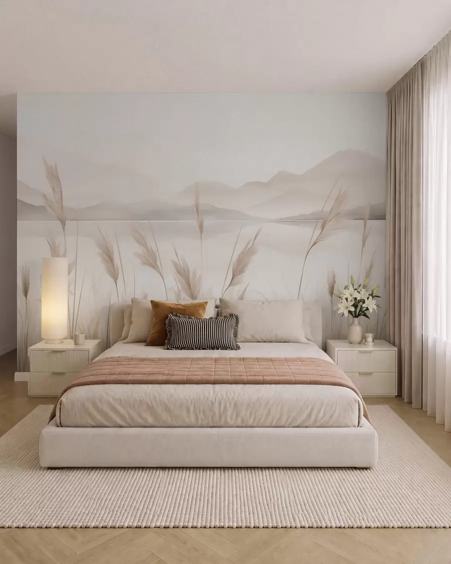 wall murals Трска поред језера са планинама у позадини, имитација слике w05704