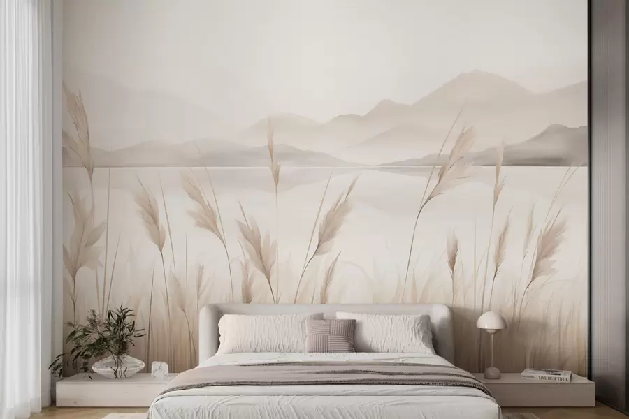 wall murals Трска поред језера са планинама у позадини, имитација слике w05704