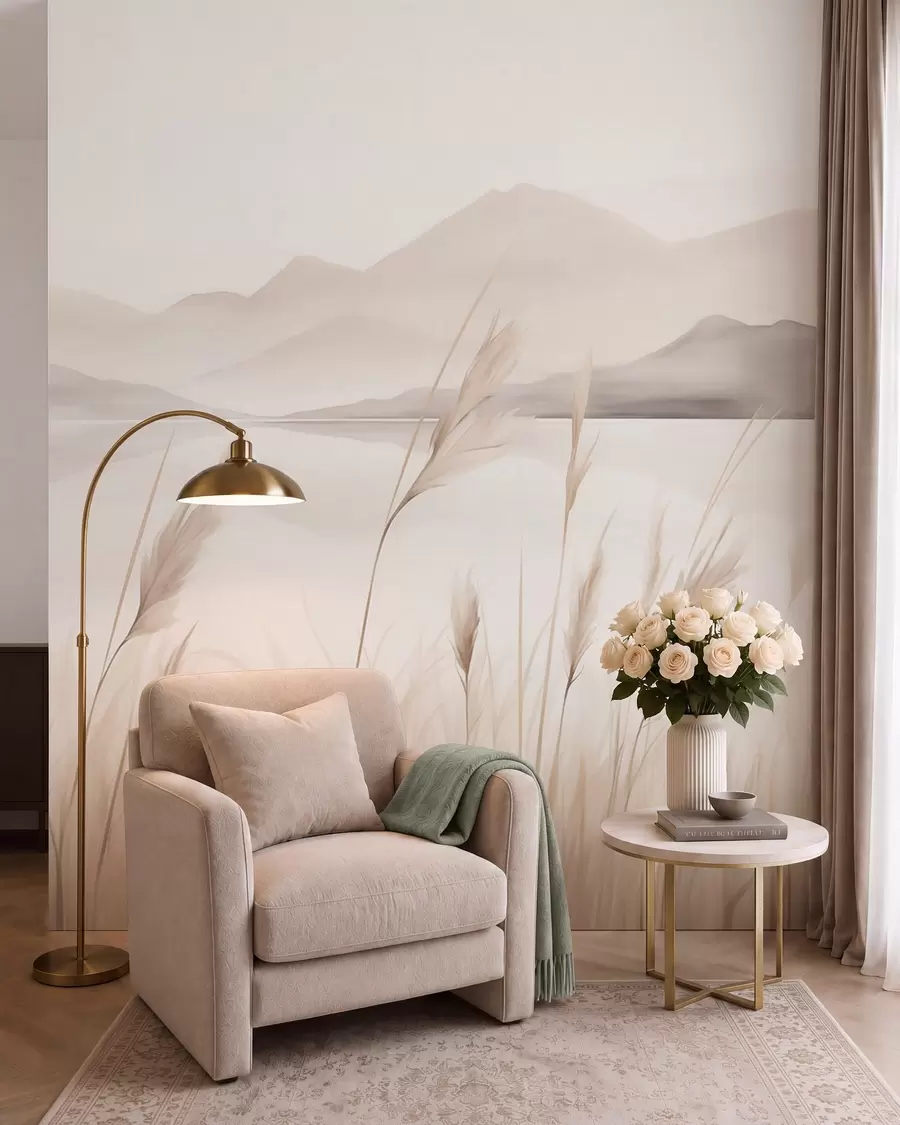 wall murals Трска поред језера са планинама у позадини, имитација слике w05704