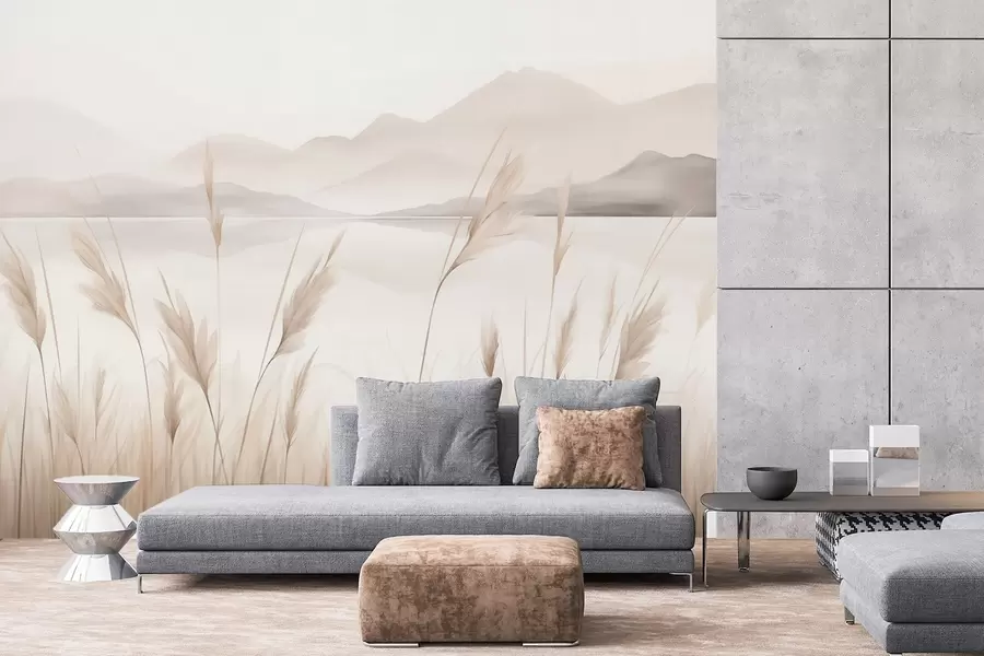 wall murals Трска поред језера са планинама у позадини, имитација слике w05704
