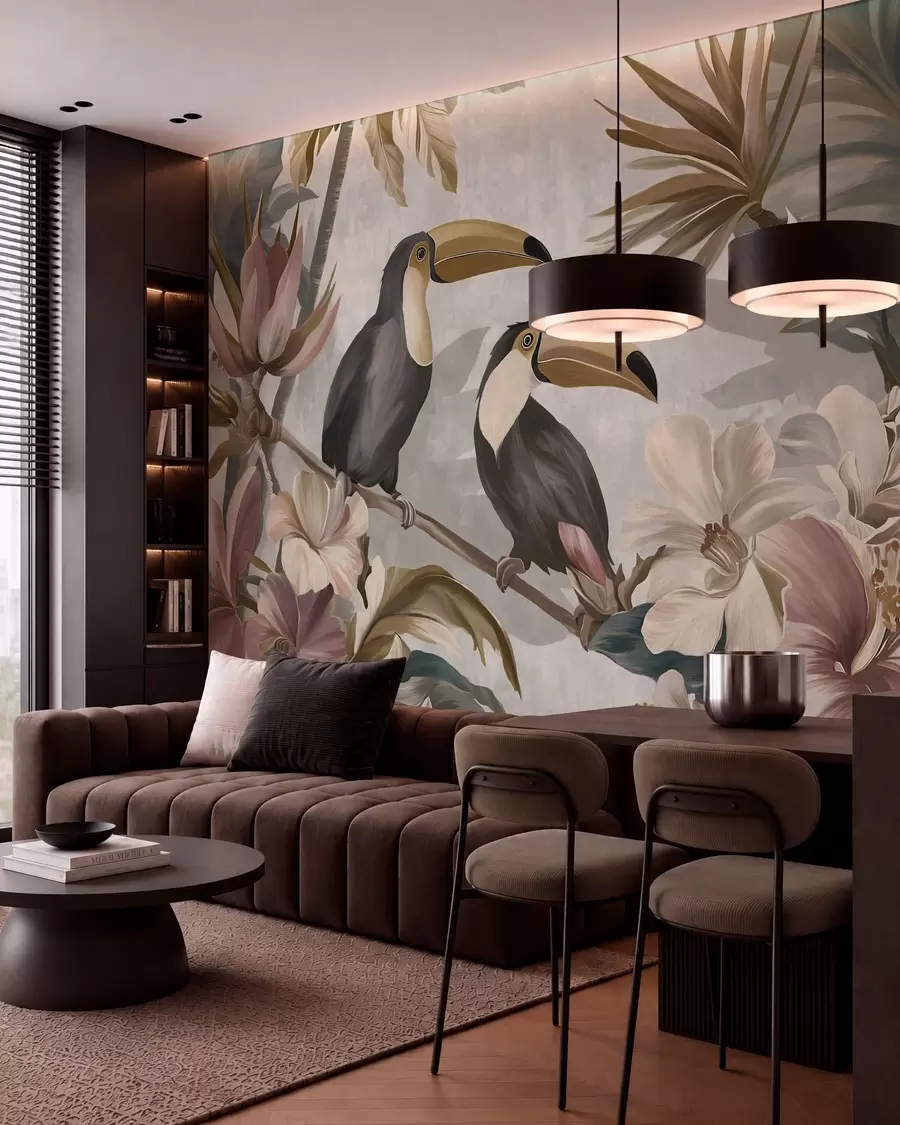wall murals пар тукана усред тропског цвећа и лишћа w05657