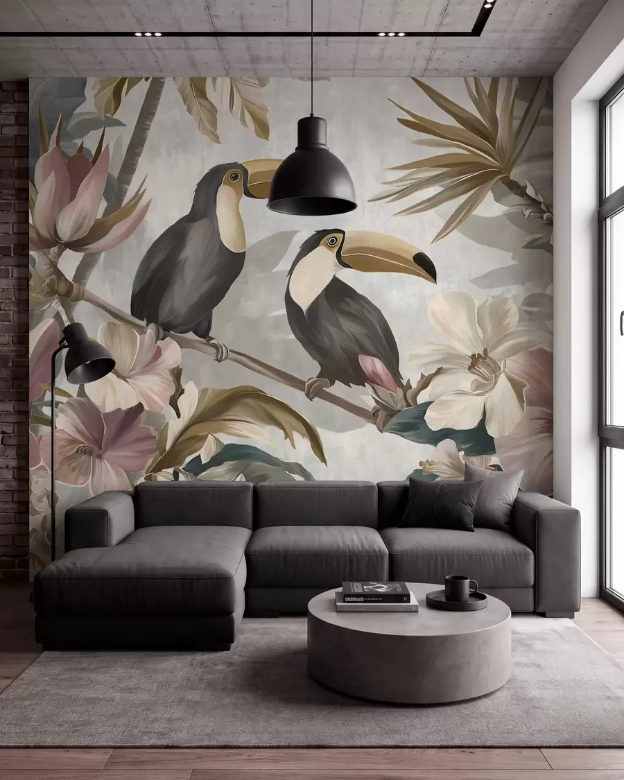 wall murals пар тукана усред тропског цвећа и лишћа w05657