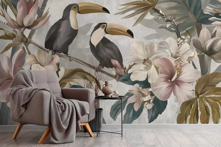 wall murals пар тукана усред тропског цвећа и лишћа w05657