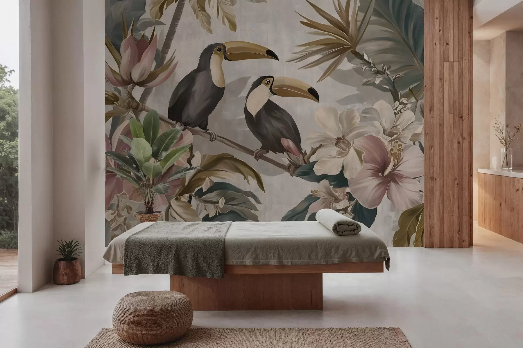 wall murals пар тукана усред тропског цвећа и лишћа w05657
